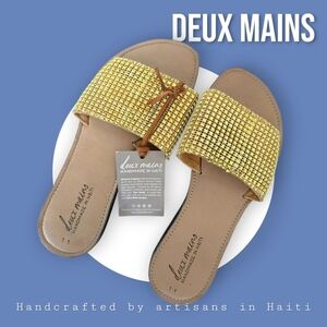 Boho Luxe Crystal Slides Deux Mains Handmade Haiti 100% Leather Eco Sandals